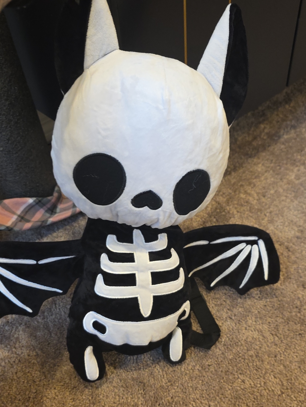 Plush Skeleton Bat Black & White Backpack - Cute Gothic Style